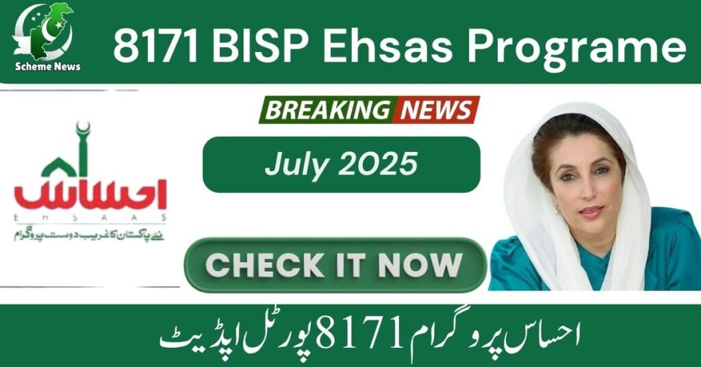 Screenshot of the 8171 BISP Web Portal homepage showing fields to enter CNIC and captcha Visual of a mobile-friendly 8171 portal interface with a user entering 13‑digit CNIC for eligibility check Illustration of a handset and BISP 8171 portal logo representing both online and SMS methods for checking payment status